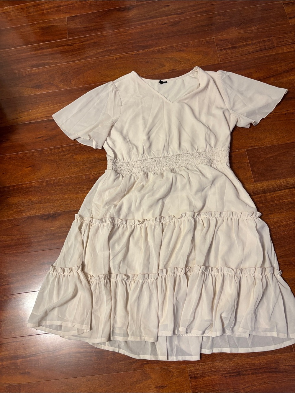 Cream Tiered V-Neck Midi Dress with Cinched Waist